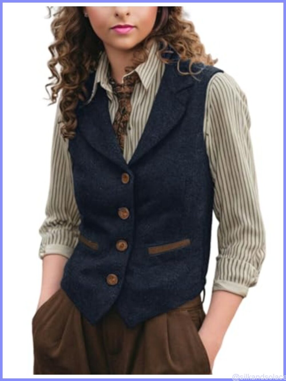 Women Herringbone Tweed V-Neck Vest with Buttons and Pockets Regular Fit